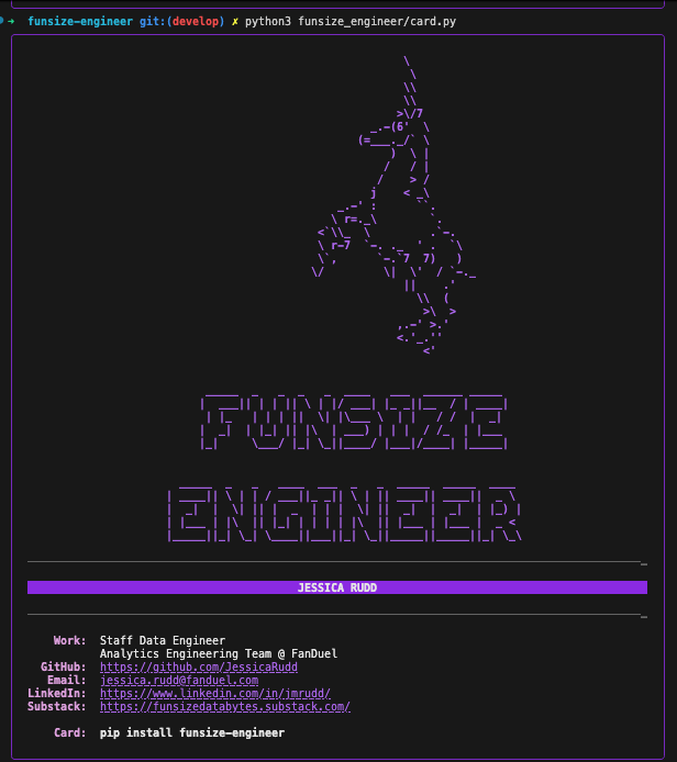 Terminal output showing the funsize-engineer calling card with ASCII art dinosaur and contact information