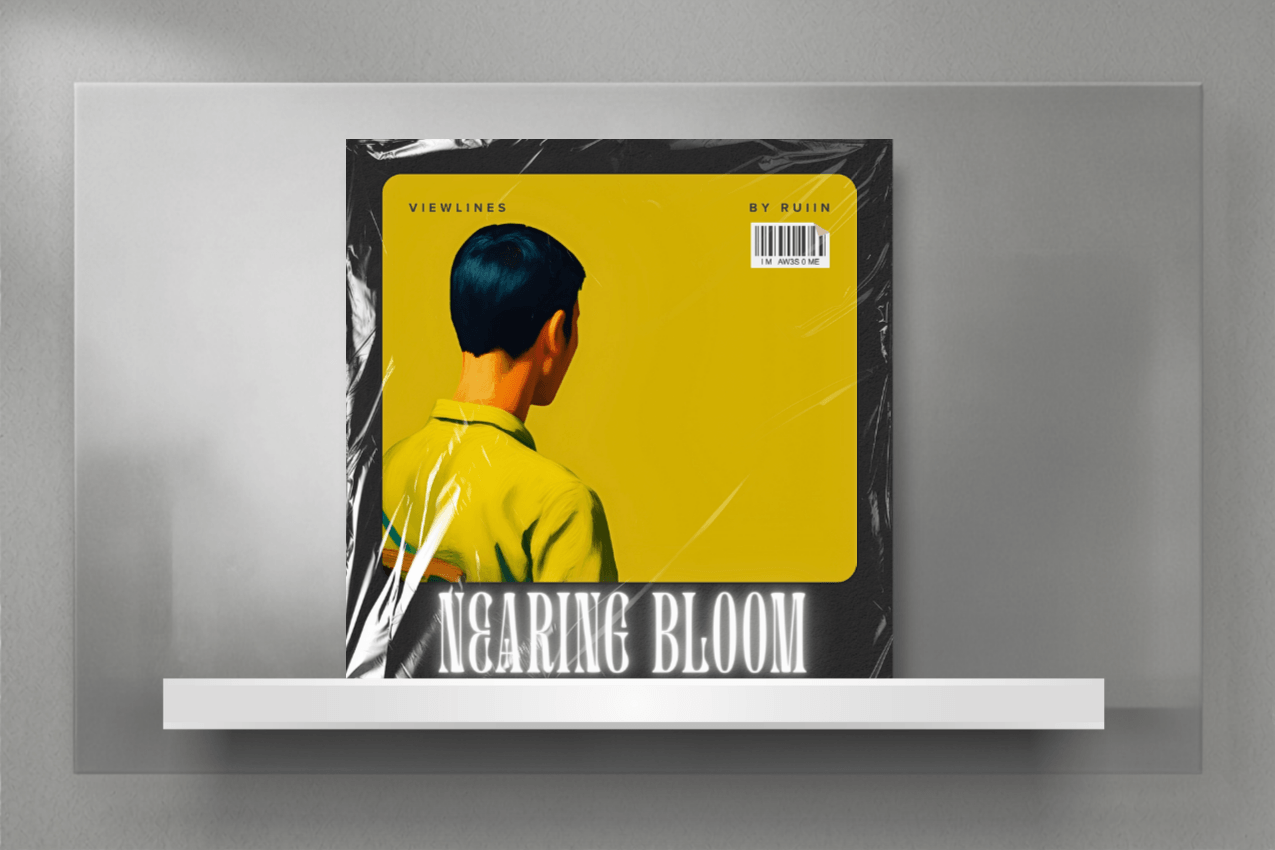A physical album cover enclosed in protective, wrinkled plastic wrap, displayed on a sleek white shelf against a textured, light gray archival panel. The jacket art features a minimalist layout with a rounded square frame containing the monochrome, yellow-tinted silhouette of a man viewed from behind, showing his neck and back. A barcode sticker sits in the top right corner, and distorted, glowing white serif typography at the bottom reads "NEARING BLOOM." Part of the Viewlines series at The Subtext Review.