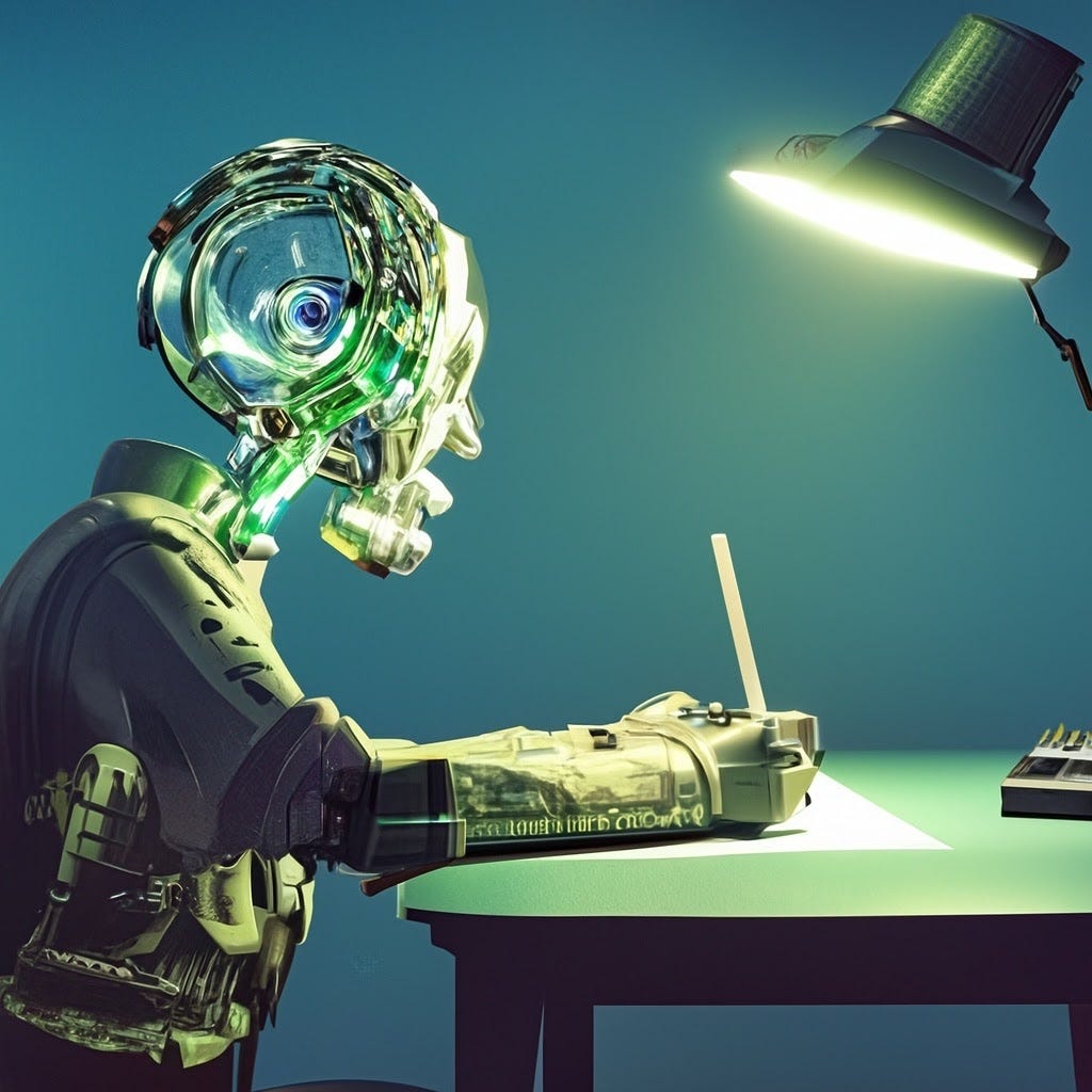 A robot writing detective. School Room. 