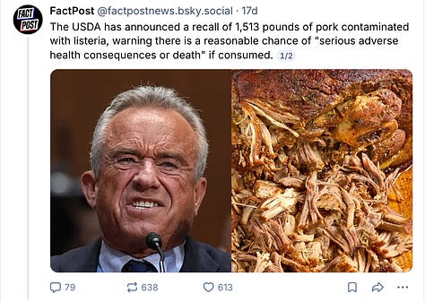 images of RFK Jr. next to recalled foods that resemble the images of him, including tofu, shredded meat, and ice cream
