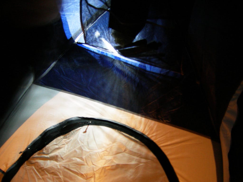 Inside tent at night