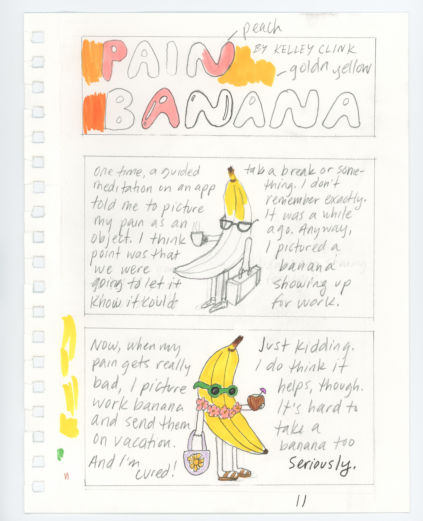 messy draft of the three panel comic described below. all images the same, but nothing is inked and there are only test swatches of color everywhere.