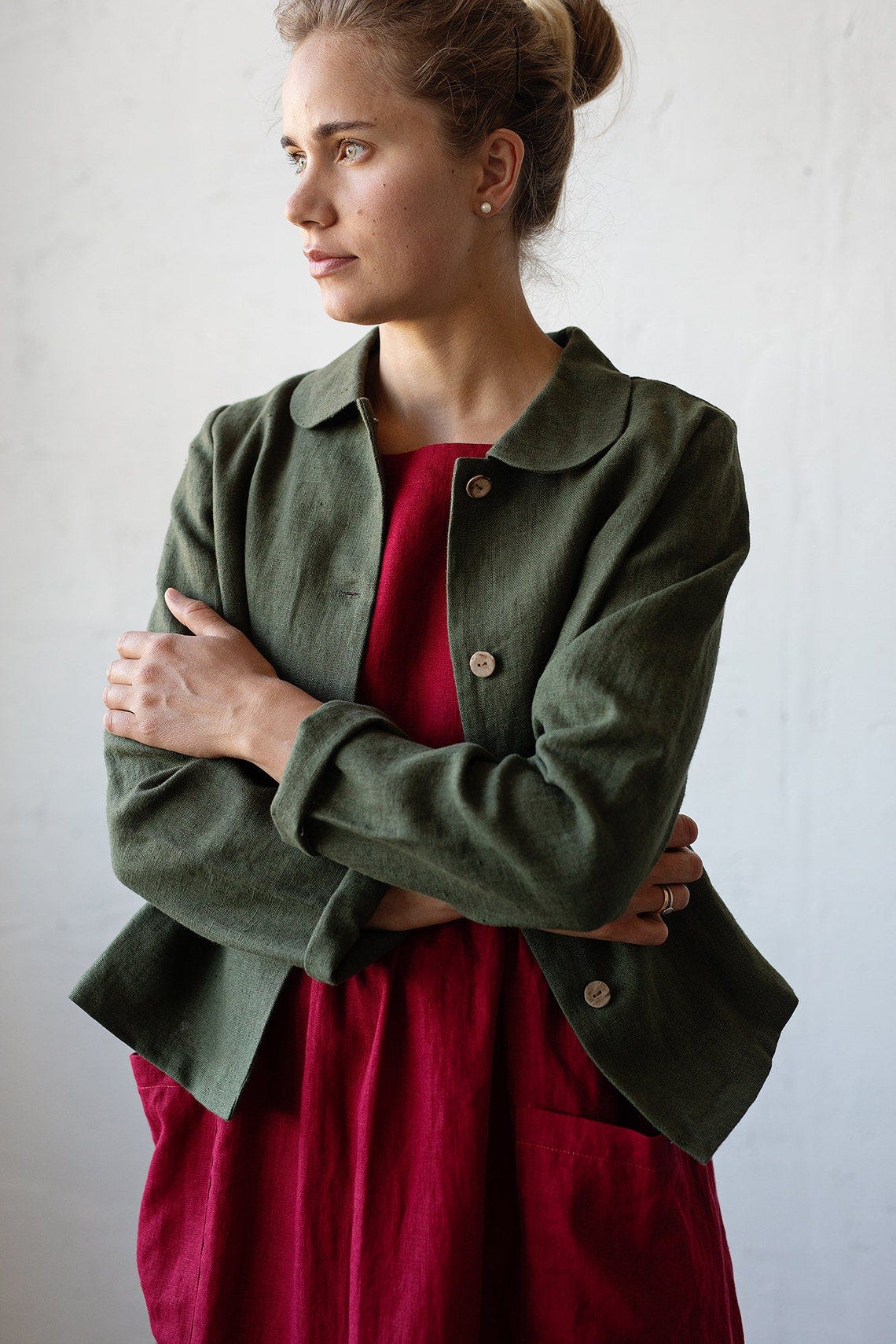 Moss Green Peter Pan Collar Jacket Linen Jacket A Line Linen image 9