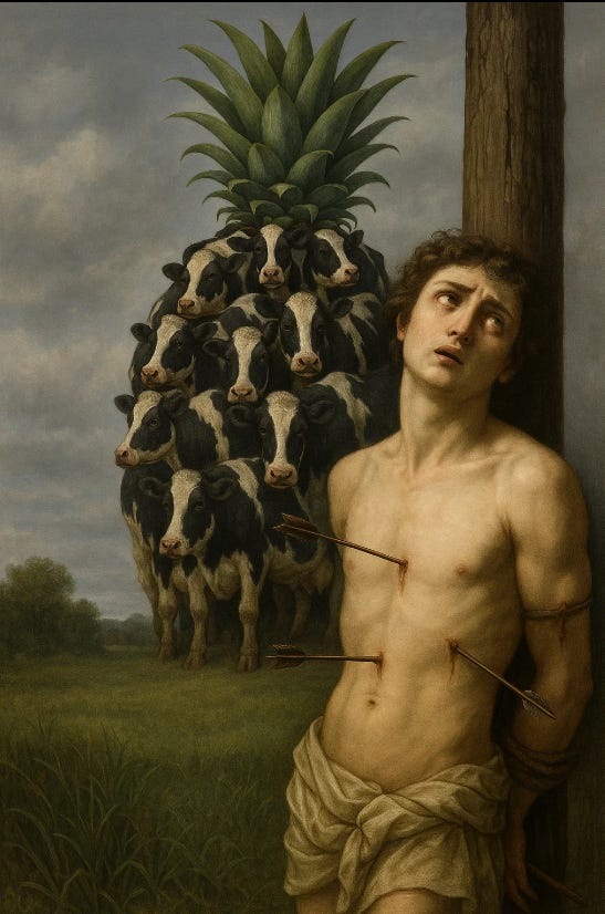 I need a pineapple made of cows, in a photorealistic env, while saint sebastian suffers