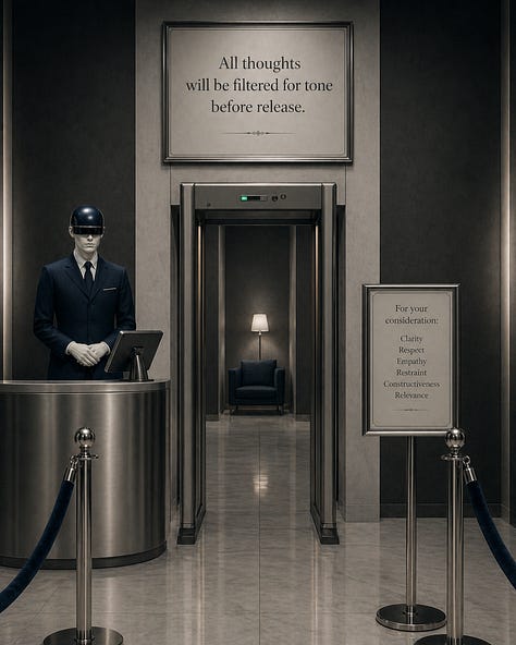 A nine-image satirical visual essay showing sleek, dark corporate and institutional interiors where signs instruct people to standardize their thoughts, revise themselves before speaking, submit unformatted thoughts, filter their tone, pre-approve authenticity, and keep grief within acceptable dimensions. The images use polished counters, velvet ropes, kiosks, chapel-like rooms, waiting areas, and bureaucratic signage to portray emotional and creative expression being managed, reviewed, and controlled.