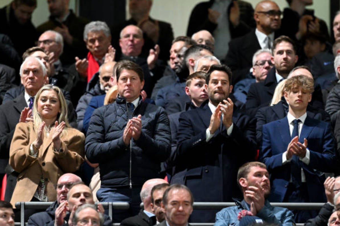 Former England players Darren Anderton and Jamie Redknapp applaud during the international friendly match between England and Brazil at Wembley Stadium on March 23, 2024 in London, England. (Photo by Michael Regan - The FA/The FA via Getty Images)