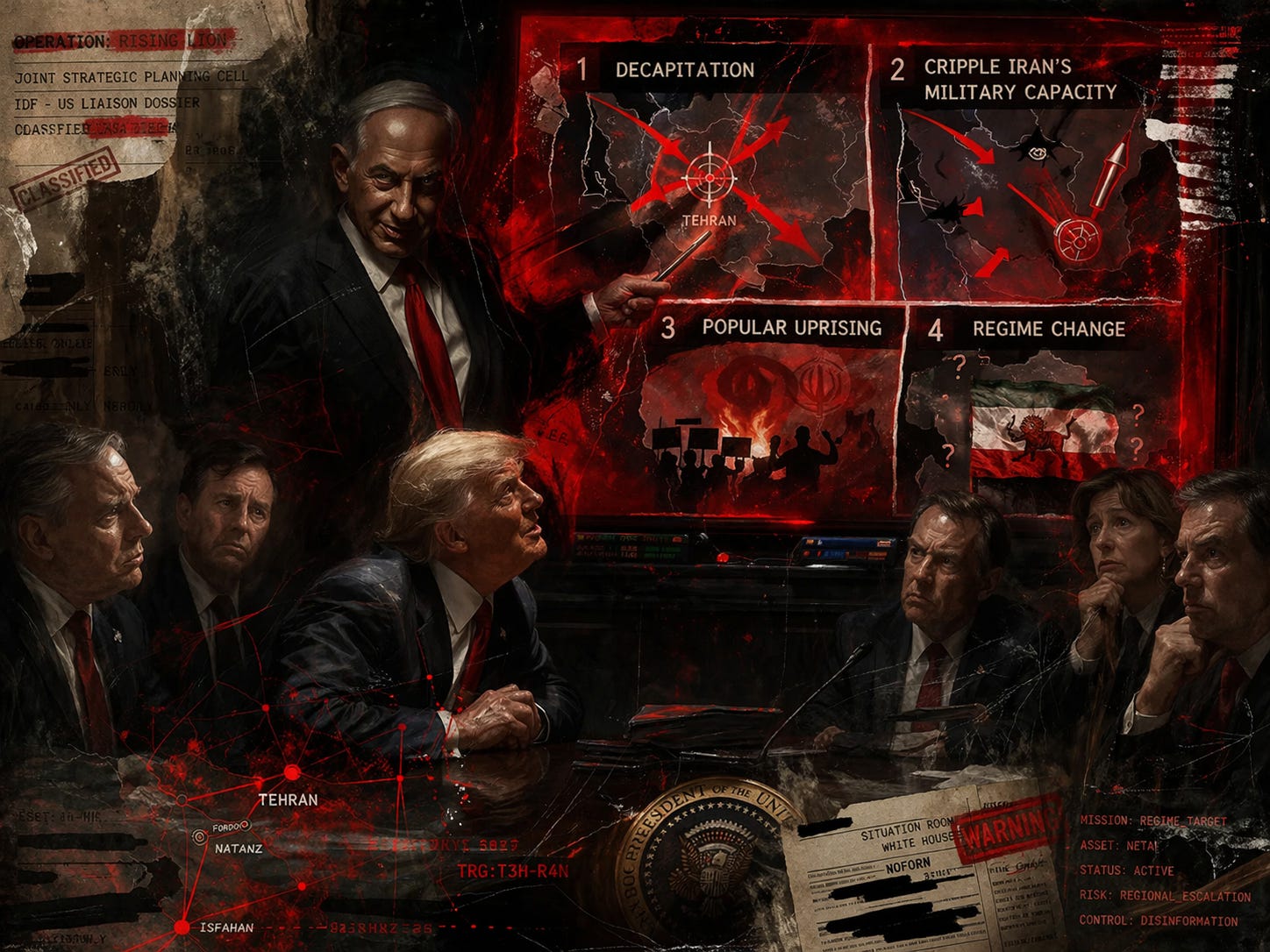 Not a briefing. A seduction. Netanyahu lays out the four-part fantasy for remaking Iran, and Trump looks exactly like a man ready to confuse theatrical ambition with strategy.