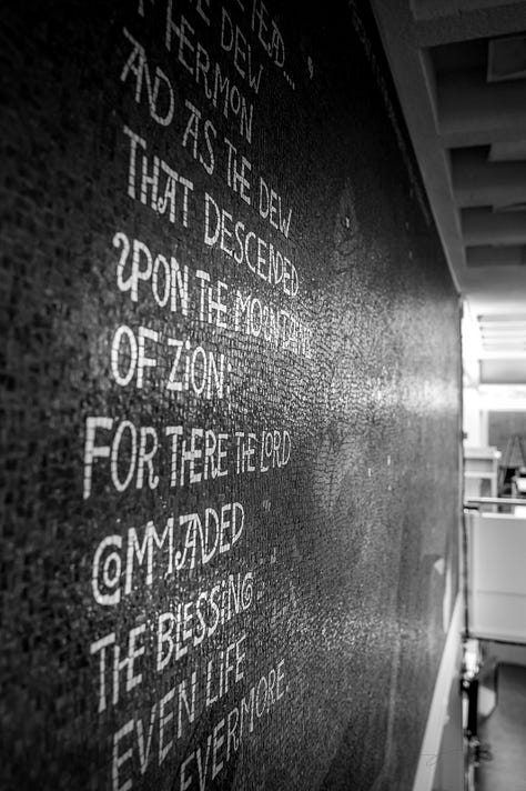 scenes from the library including mosaic artwork and poem, repurposed card catalog, study areas, books, and Black authors
