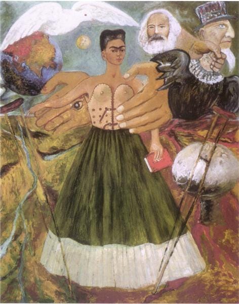 Frida Kahlo stands in a leather corset before a background split in two, held upright by the large hands of a white bearded Karl Marx, her crutches let go and a dove nearby