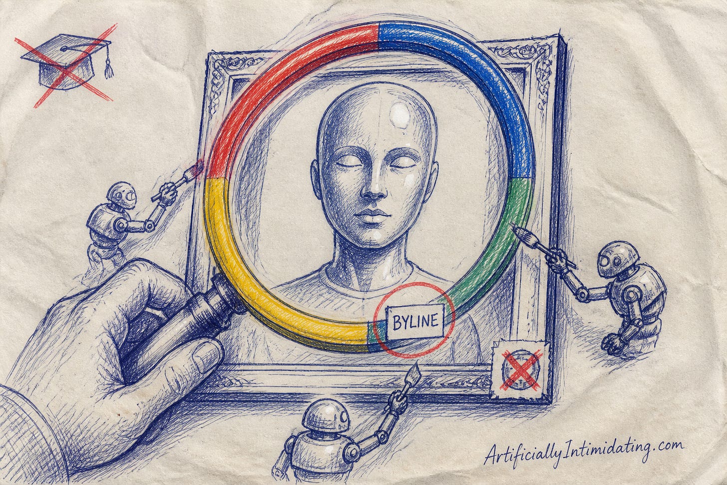 A four-color magnifying glass held over a glossy mannequin-faced portrait wearing a BYLINE name tag, circled in red, while small robots finish painting the frame. A four-color magnifying glass held over a glossy mannequin-faced portrait wearing a BYLINE name tag, circled in red, while small robots finish painting the frame.