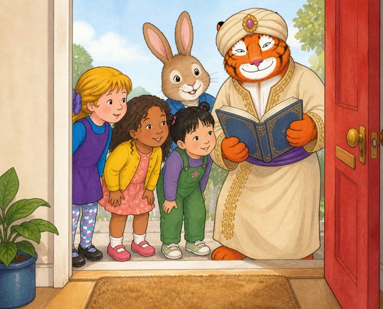 Curious friends at the story door