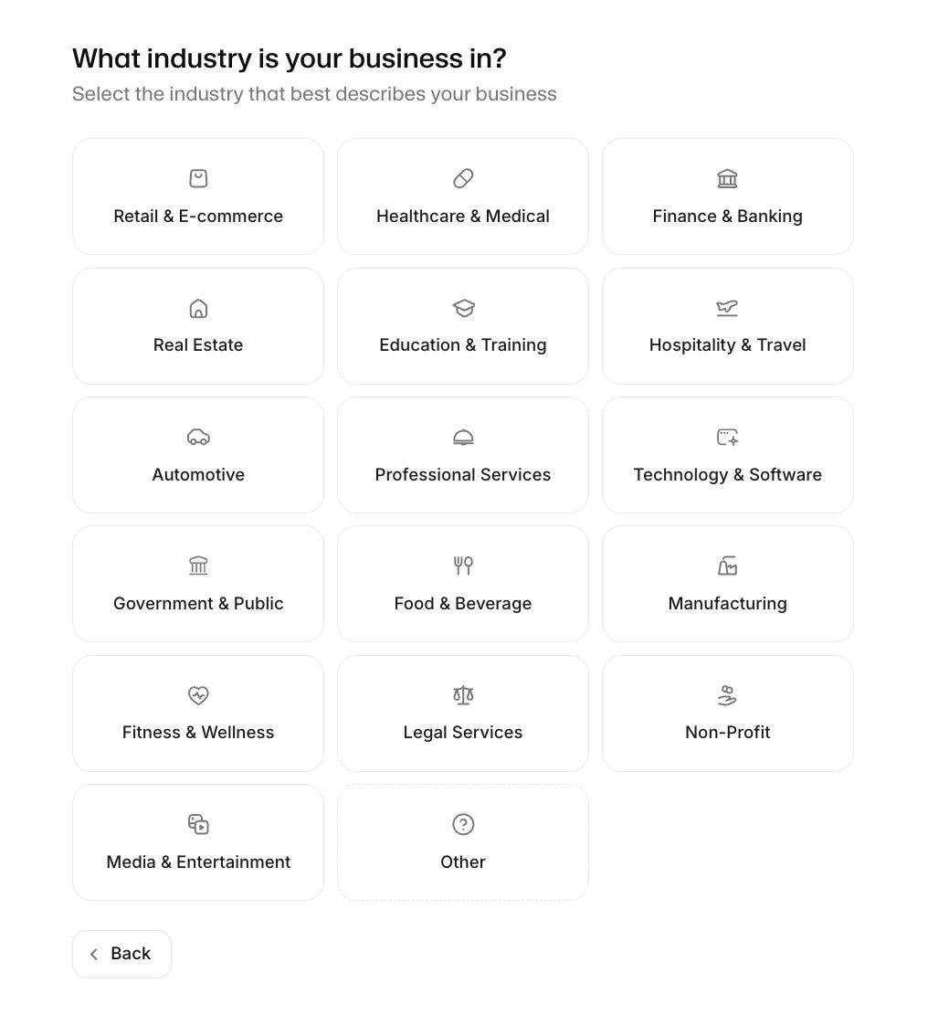 ElevenAgents industry selection screen showing 17 categories including Healthcare, Finance, Real Estate, Technology, Legal Services, and more. ElevenAgents industry selection screen showing 17 categories including Healthcare, Finance, Real Estate, Technology, Legal Services, and more.