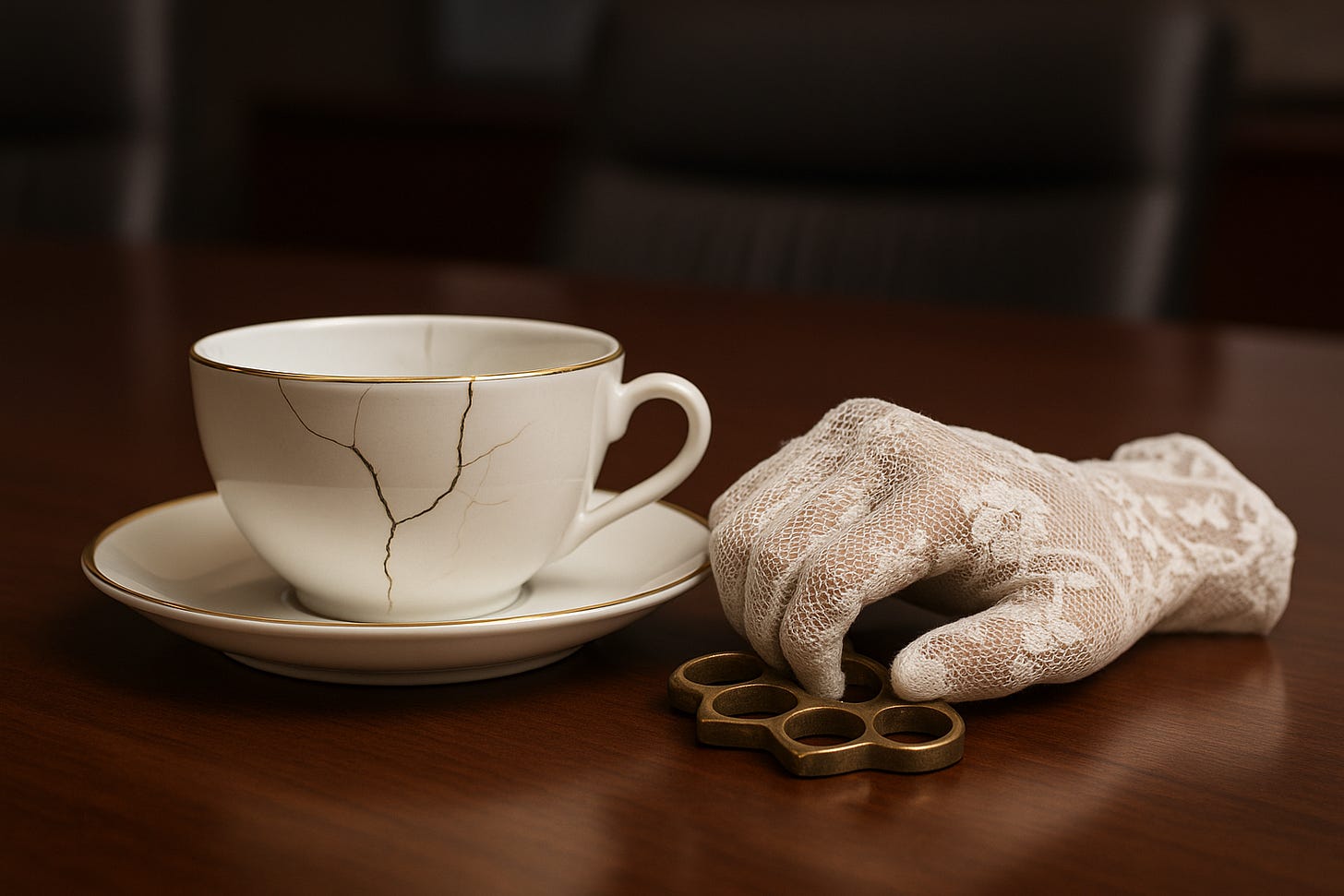 A cracked white porcelain teacup sits on a polished boardroom table. Draped across the surface is a delicate lace glove, shaped like a hand but disturbingly empty—its fingers curled slightly, with a visible thumbnail pressing through the lace. The scene blends civility and quiet menace in a surreal corporate setting.