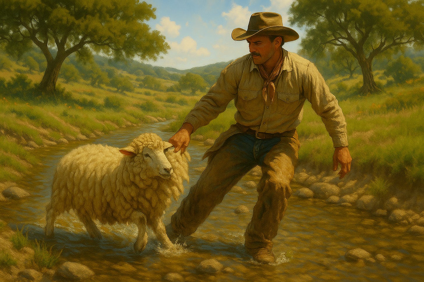 A person in cowboy hat and hat with a sheep in a stream

AI-generated content may be incorrect.
