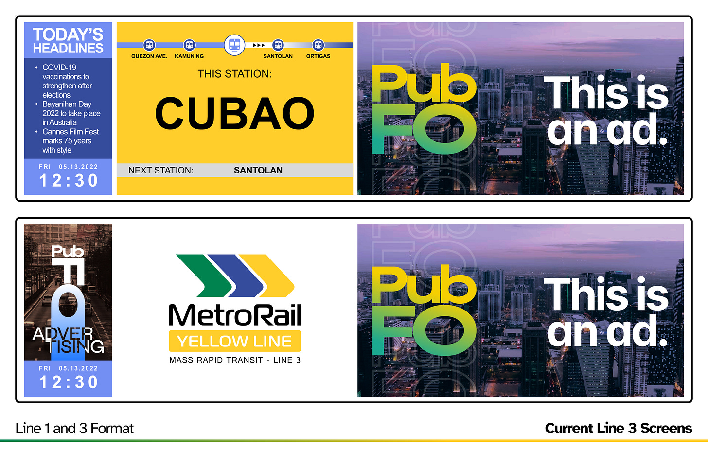 A mockup of the current screens shown on the TUBE system for the Line 1 and Line 3 format, note the wide real estate. The example shown is for Line 3. Left: Headlines and Time and Date, Center: Main Content, Right: Ads