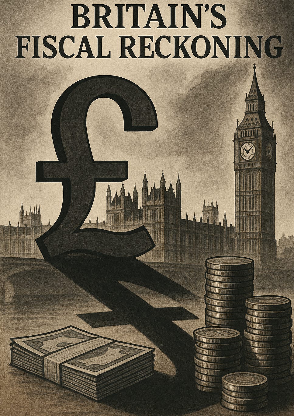 Illustration of Britain's Fiscal Reckoning with British pound, Parliament building, and debt symbolism. Illustration of Britain's Fiscal Reckoning with British pound, Parliament building, and debt symbolism.