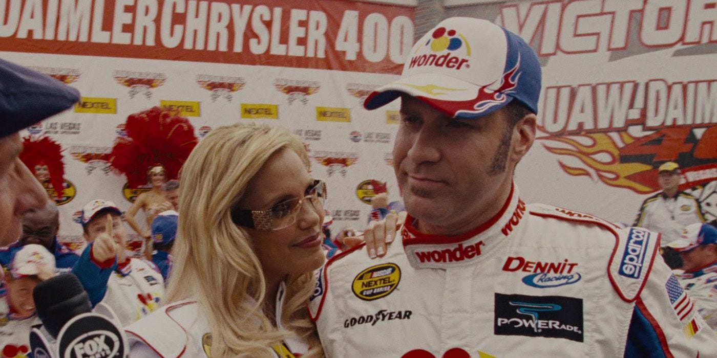Ricky Bobby and his wife, Carley, after a race in Talladega Nights