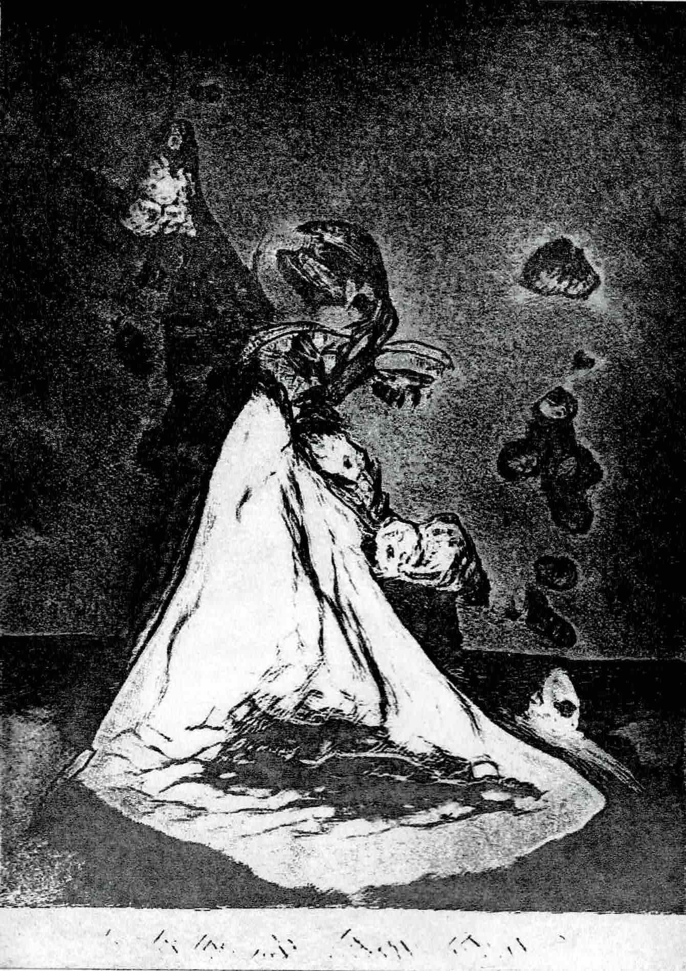 Single generated intaglio print. The print is relatively dark with a strong source of light in the center left. The light source almost looks like a cloaked figure.