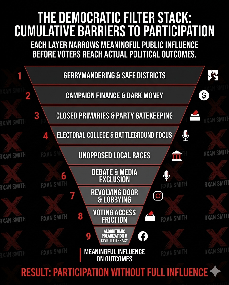 Infographic funnel titled “The Democratic Filter Stack” showing nine layers narrowing political influence before voters reach meaningful outcomes. Layers include gerrymandering, campaign finance, closed primaries, media gatekeeping, lobbying, voting barriers, and algorithmic polarization.