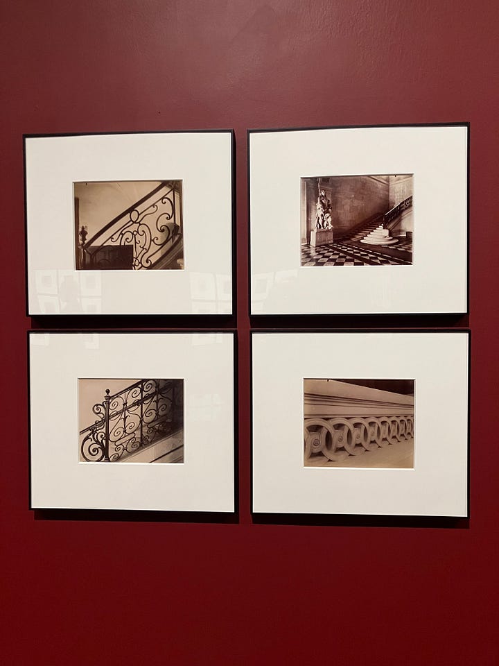 small sepia photographs of curved metal banisters and decorative moldings.
