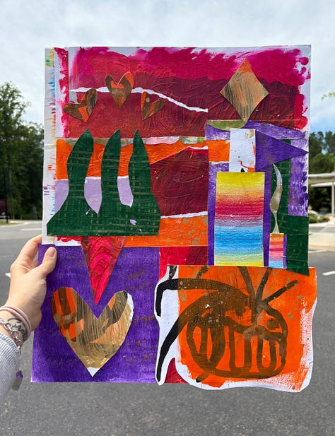3 brightly colored collages featuring abstract creatures with small written messages and one with nature and candles.