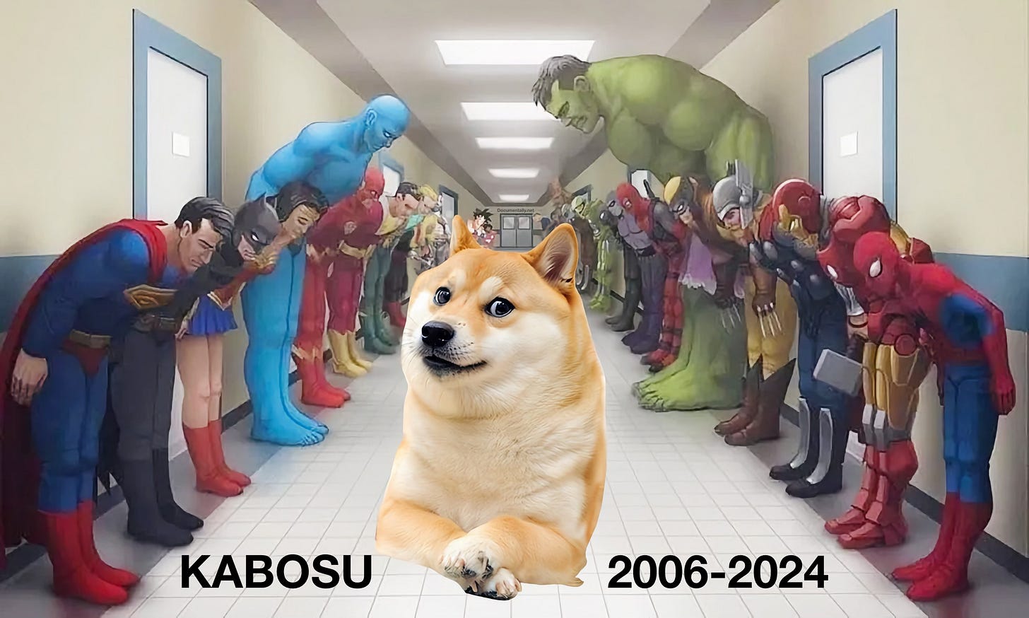 An image od superheroes bowing down to the meme dog Kabosu who died today aged about 18 years old. 2006-2024 An image od superheroes bowing down to the meme dog Kabosu who died today aged about 18 years old. 2006-2024