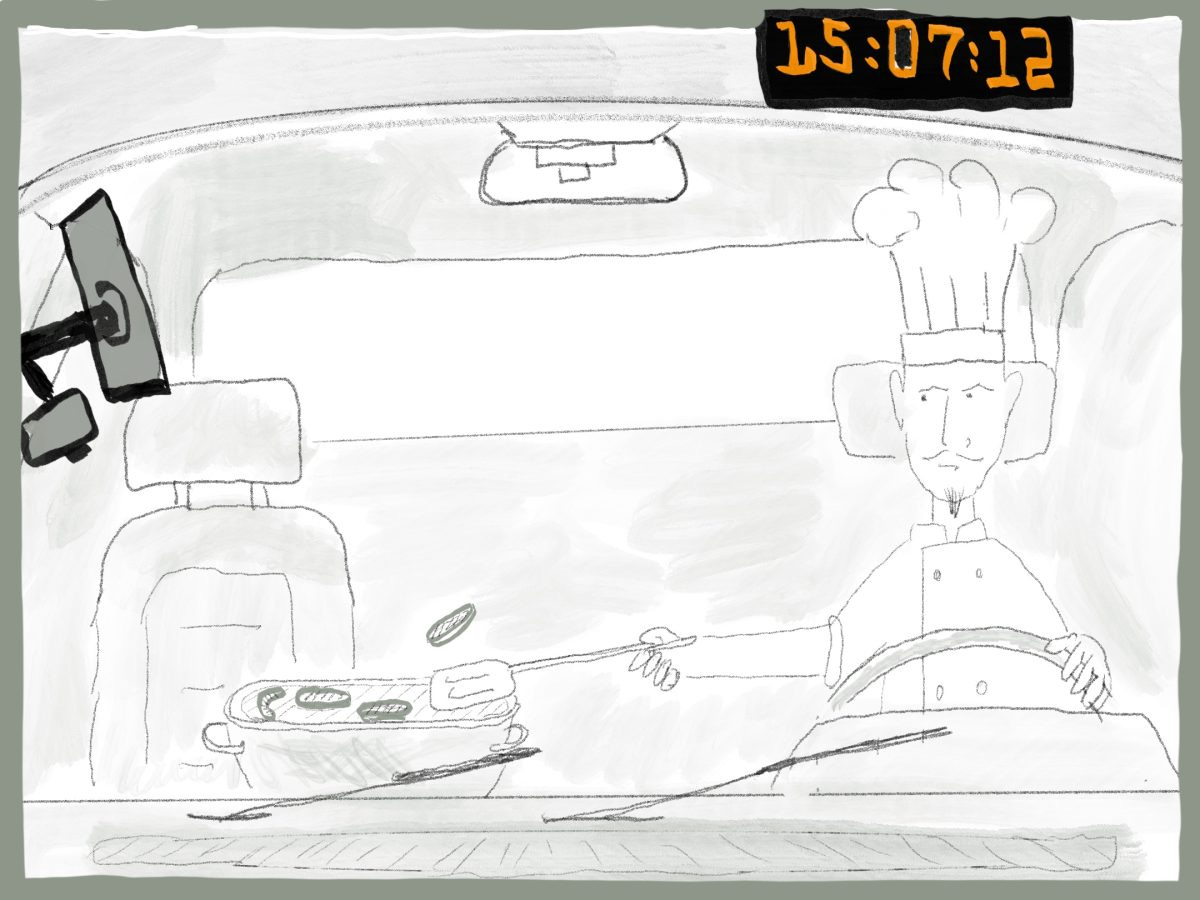 A cartoon drawing of a Flock camera's view of a man wearing chef's hat grilling in the front seat of his car A cartoon drawing of a Flock camera's view of a man wearing chef's hat grilling in the front seat of his car