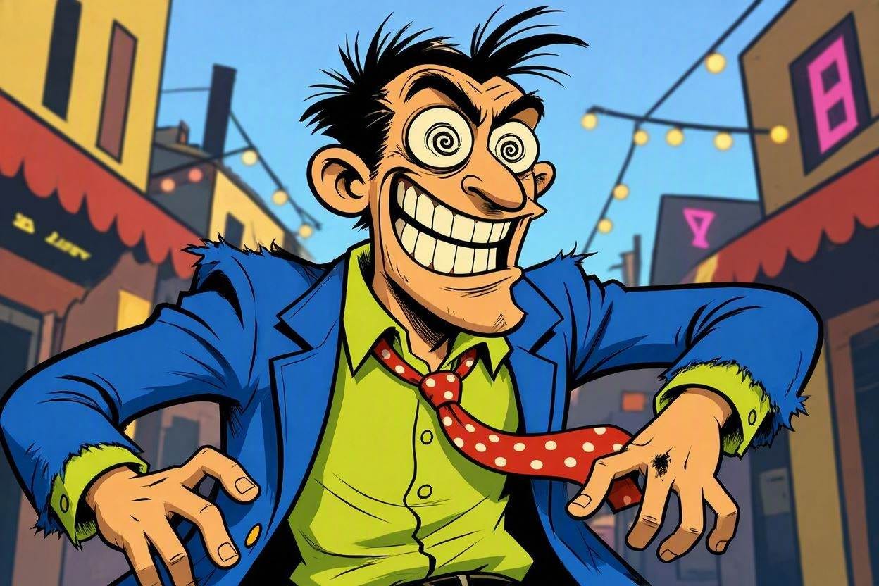 A funny wild cartoon of a maniac guy humorous and excited A funny wild cartoon of a maniac guy humorous and excited