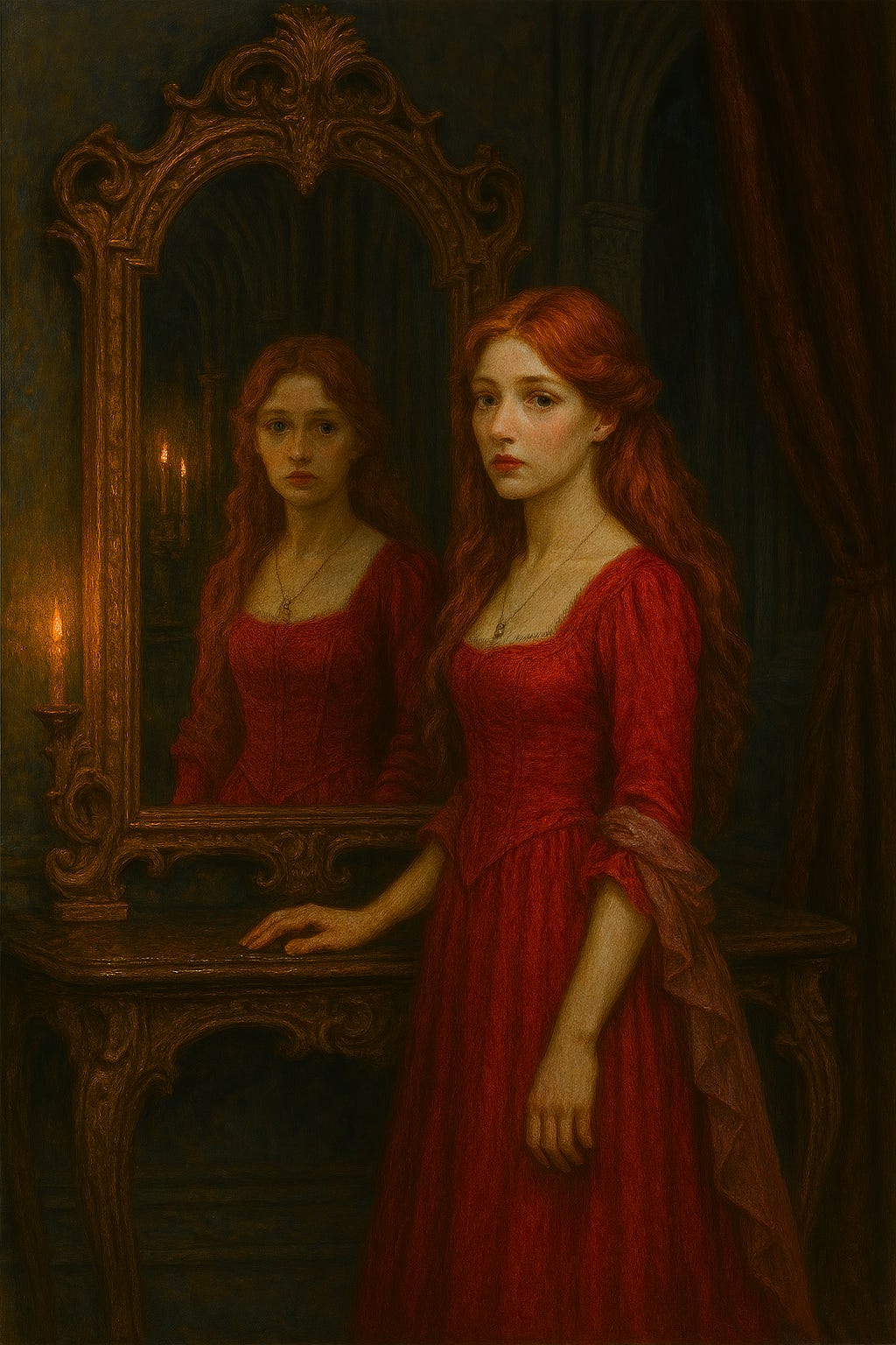 Create a dark fantasy portrait of Ireena Kolyana standing before an elaborate Barovian mirror in Ravenloft’s guest lounge. She has soft, youthful features with wide, luminous pale-blue or hazel eyes, fair skin with a faint rose undertone, and fiery red hair falling in soft waves around her shoulders. She wears a flowing red party dress with silver filigree accents and delicate embroidery. The mirror behind her is ornate and ancient, framed in tarnished gold with carved roses and curling Barovian motifs. Candlelight and the hearth’s glow reflect off the glass, creating a warm, haunted atmosphere. The lounge should feature deep burgundy upholstery, dark wood, and gothic arches. Ireena’s expression is a blend of vulnerability and quiet steel. Create a dark fantasy portrait of Ireena Kolyana standing before an elaborate Barovian mirror in Ravenloft’s guest lounge. She has soft, youthful features with wide, luminous pale-blue or hazel eyes, fair skin with a faint rose undertone, and fiery red hair falling in soft waves around her shoulders. She wears a flowing red party dress with silver filigree accents and delicate embroidery. The mirror behind her is ornate and ancient, framed in tarnished gold with carved roses and curling Barovian motifs. Candlelight and the hearth’s glow reflect off the glass, creating a warm, haunted atmosphere. The lounge should feature deep burgundy upholstery, dark wood, and gothic arches. Ireena’s expression is a blend of vulnerability and quiet steel.
