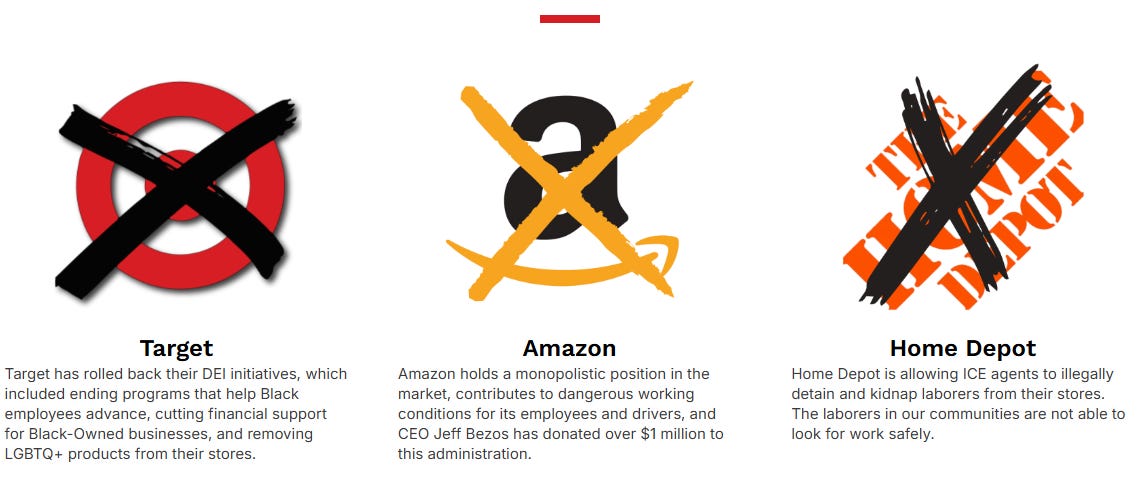 Graphic showing crossed-out logos of Target, Amazon and Home Depot with text explaining why the We Ain’t Buying It campaign is boycotting these companies. Graphic showing crossed-out logos of Target, Amazon and Home Depot with text explaining why the We Ain’t Buying It campaign is boycotting these companies.