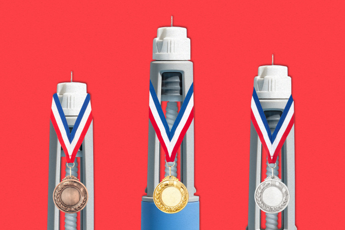 Illustration of three injection pens with medals.