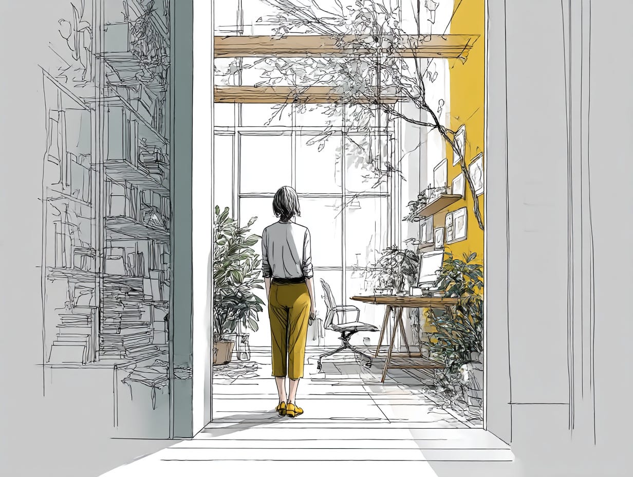 The woman standing at the threshold represents that moment of choice - ready to move forward but still rooted in the old way