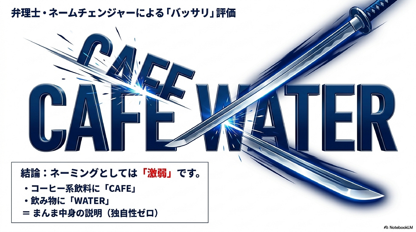 【見出し①】日本刀が「CAFE WATER」の文字を斬る見出し画像。「結論:ネーミングとしては『激弱』です」の文字。 【見出し①】日本刀が「CAFE WATER」の文字を斬る見出し画像。「結論:ネーミングとしては『激弱』です」の文字。