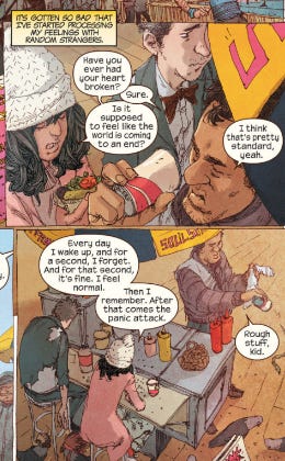 two comic cells of kamala khan confiding in a man running a hot dog stand about her experience with heartbreak and how the heartbreak is causing her to have panic attacks