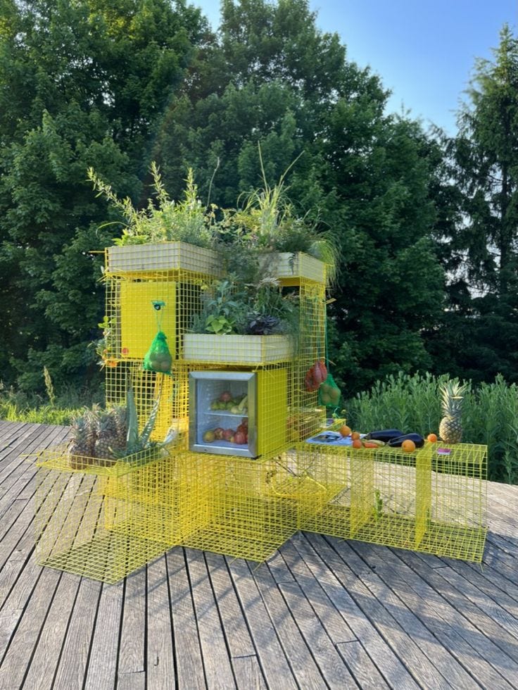 This may contain: a small yellow building with plants growing out of it