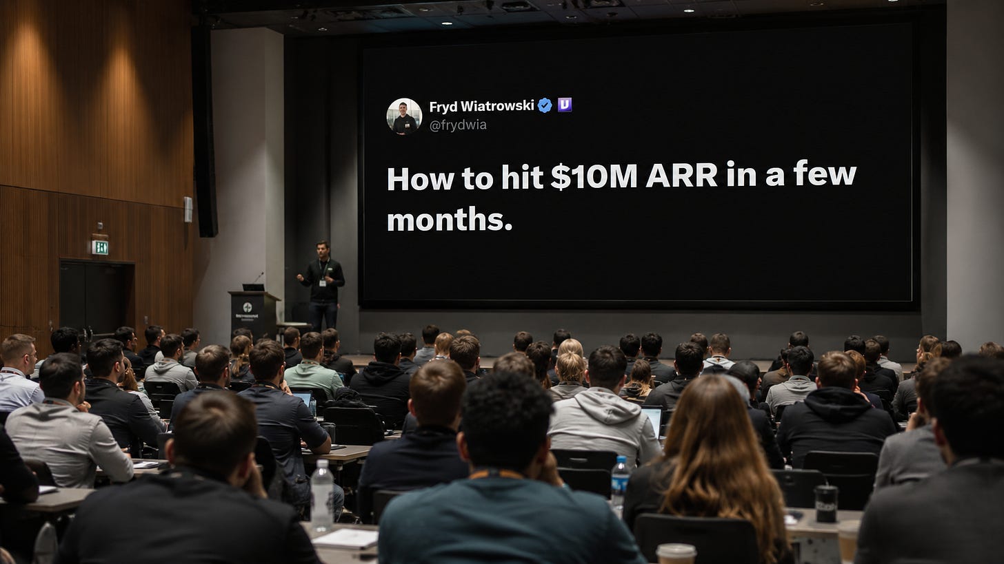 Lecture room filled with people waiting to listen to Fryd present his 10M ARR Playbook Lecture room filled with people waiting to listen to Fryd present his 10M ARR Playbook