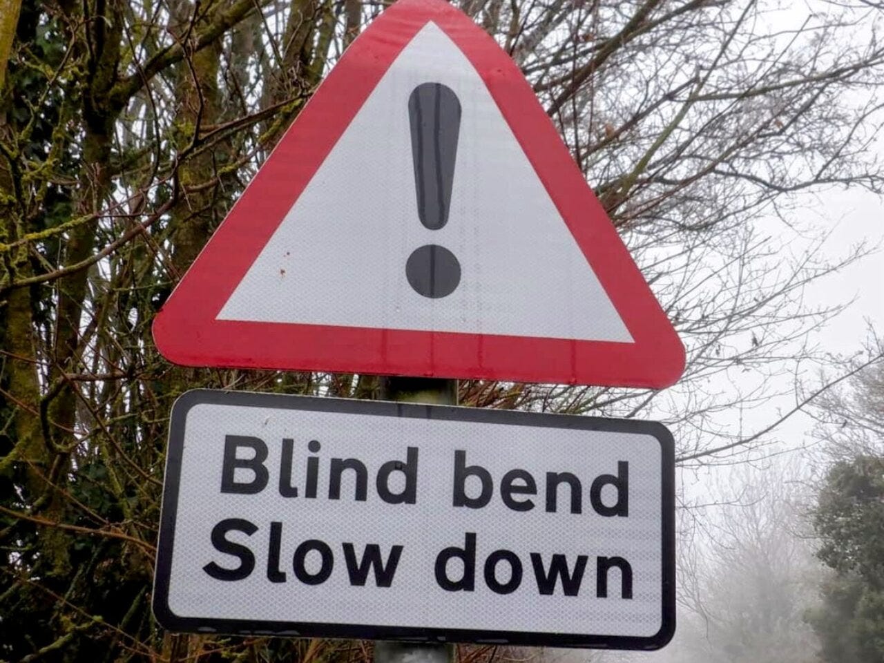 Sign reading Blind bend Slow down