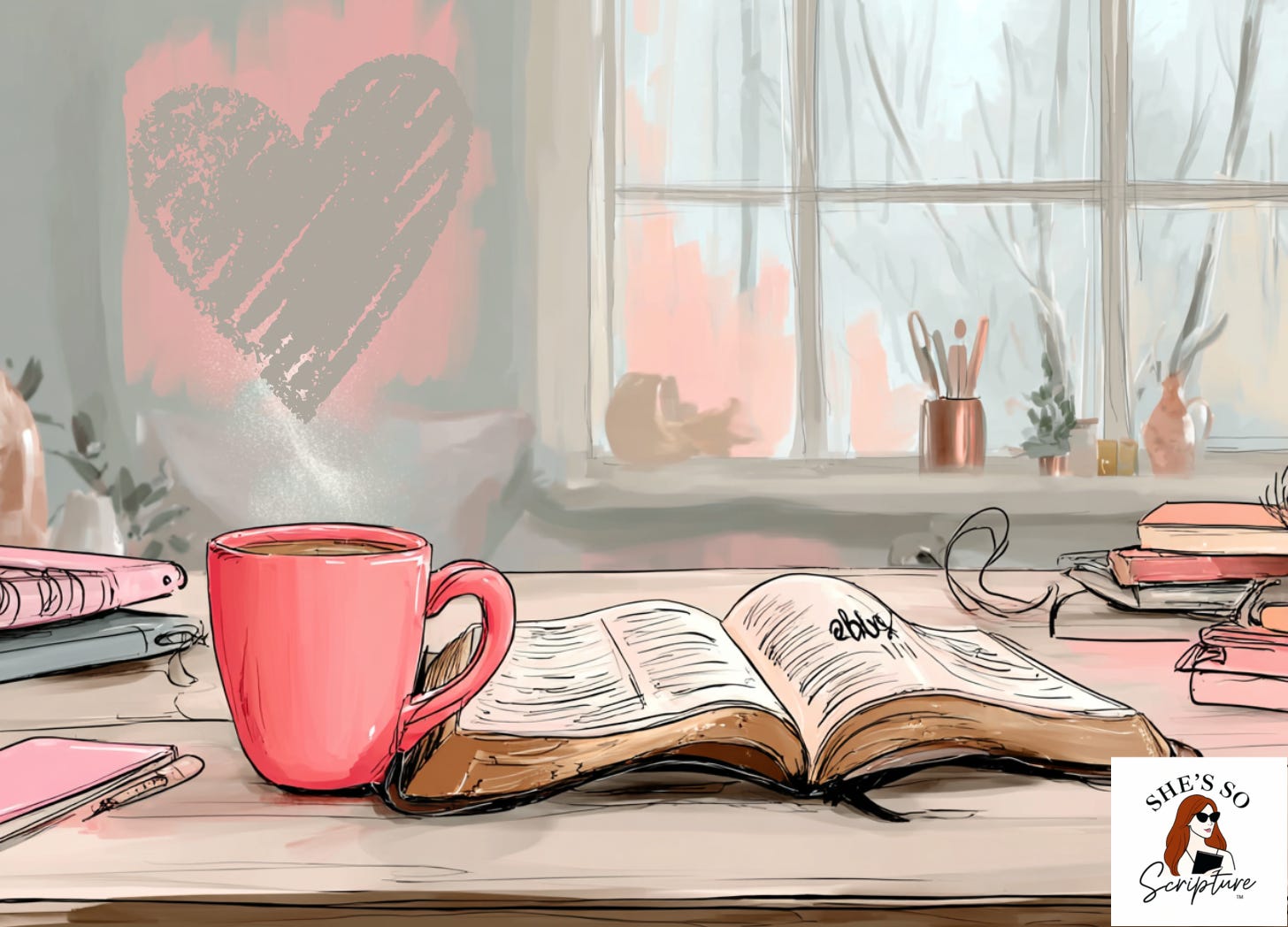 An open Bible and steaming coffee mug on a desk in soft winter light, creating a calm and secure devotional moment.