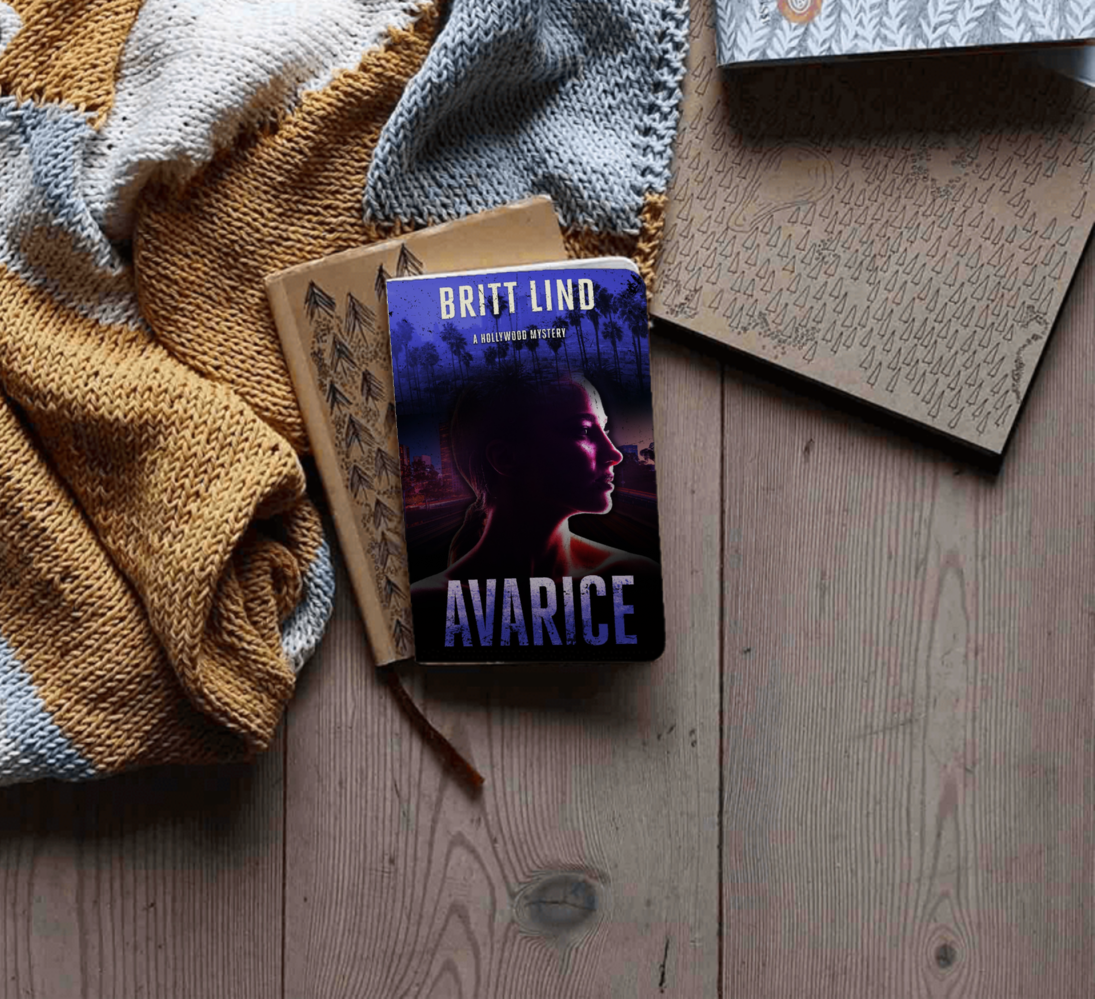 Book "Avarice" by Britt Lind on a sweater and notebook