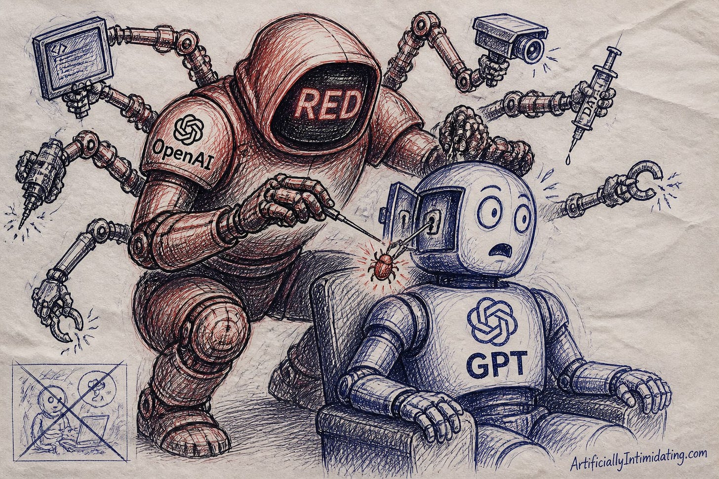 Editorial cartoon: a red robot labeled RED picks the lock on the head of a blue robot labeled GPT and pulls out a glowing bug.