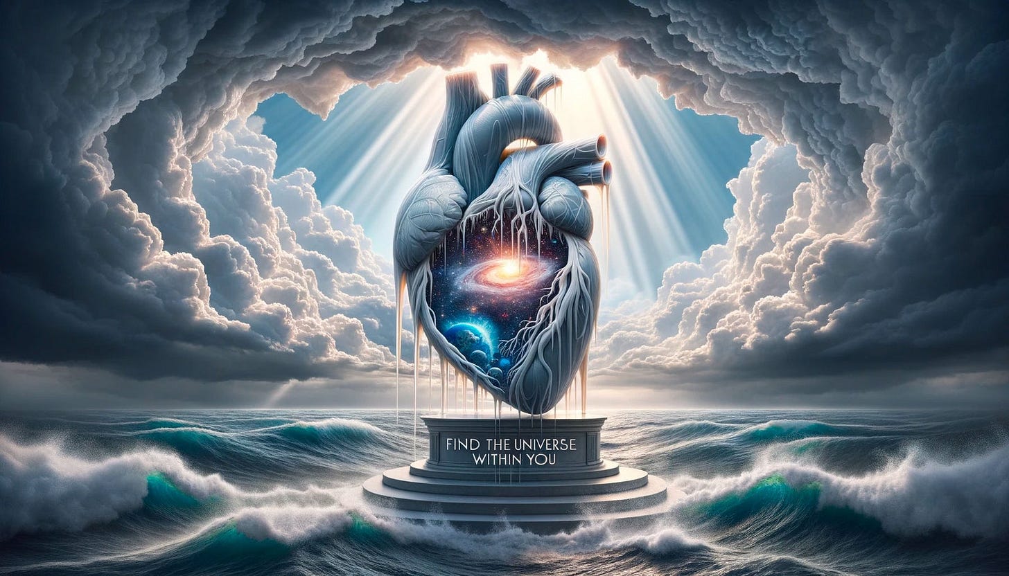 AI art of a heart in a magestic universe with text that reads FIND THE UNIVERSE WITHIN YOU on a pedestal.