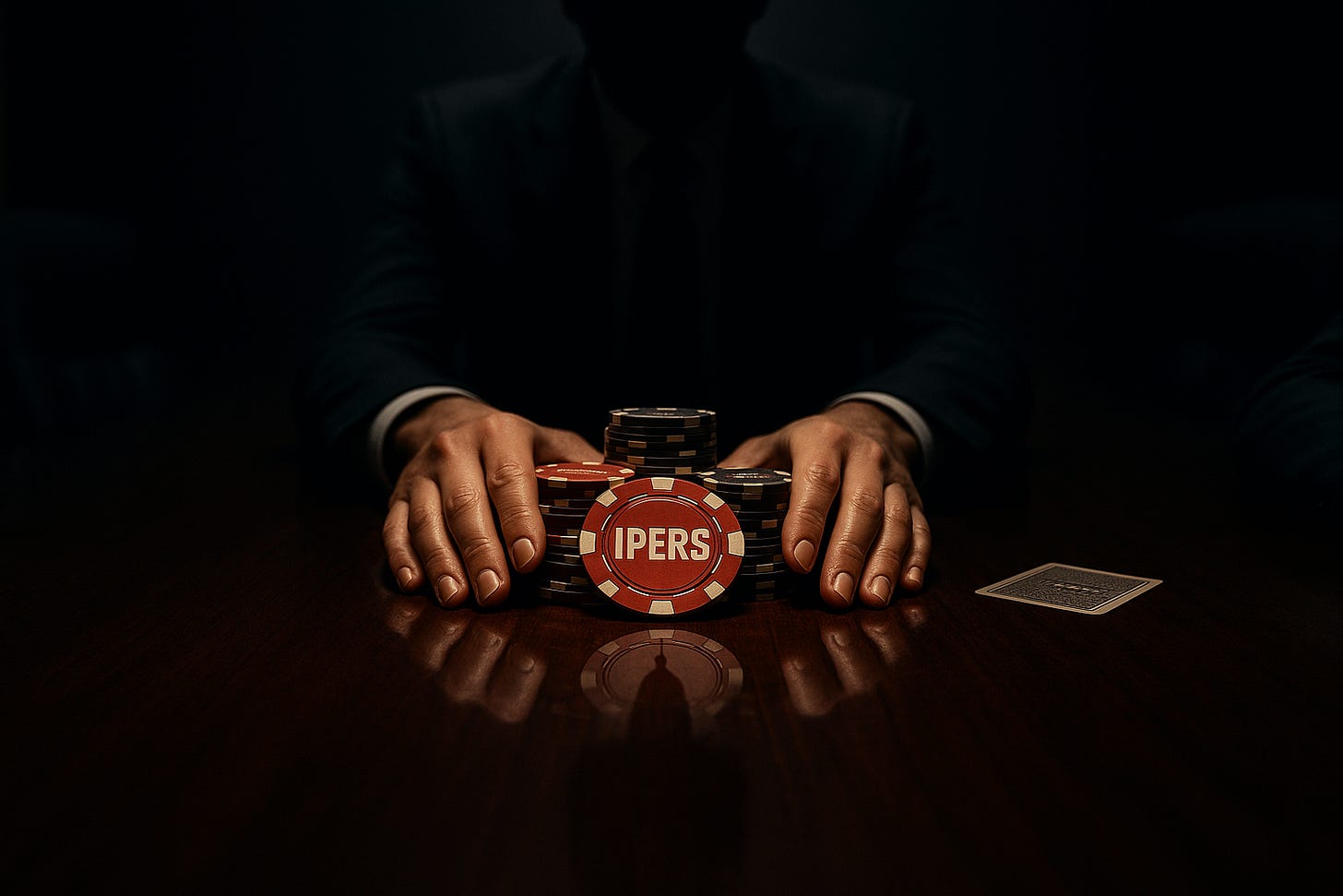 Silhouette of a suited person’s hands around a pile of red poker chips labeled “IPERS,” evoking a secretive, high-stakes bet on Iowa’s public pension system. Silhouette of a suited person’s hands around a pile of red poker chips labeled “IPERS,” evoking a secretive, high-stakes bet on Iowa’s public pension system.