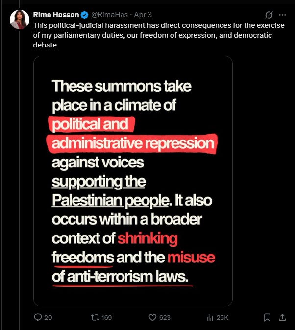 Series of Tweets by Rima Hassan following her arrest