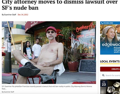 Three archival news images from 2012–2013 depict nudist Andy Tabbat seated nude in Jane Warner Plaza in San Francisco’s Castro District during the city’s highly publicized move to ban public nudity. Coverage includes articles from The Examiner quoting local complaints, an SFGate feature photo, and follow-up reporting on legislative developments—all featuring Tabbat with his signature red cap and coconut juice.