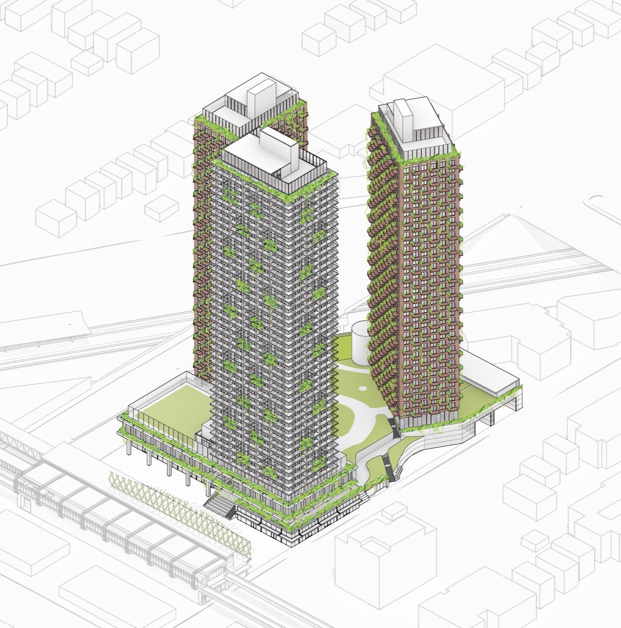 An illustration of three high-rises adjacent to the Commercial-Broadway Skytrain station. They are viewed from above, with other buildings in the area displayed as simple line drawings.