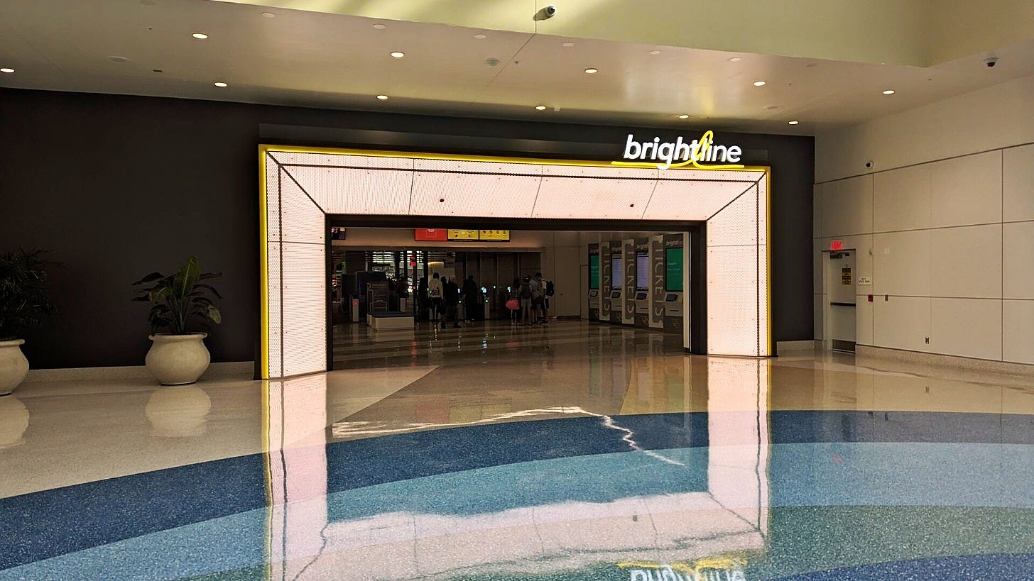 The Brightline station entrance at Orlando International Airport. Image: elisfkc2 via Wikimedia Commons The Brightline station entrance at Orlando International Airport. Image: elisfkc2 via Wikimedia Commons