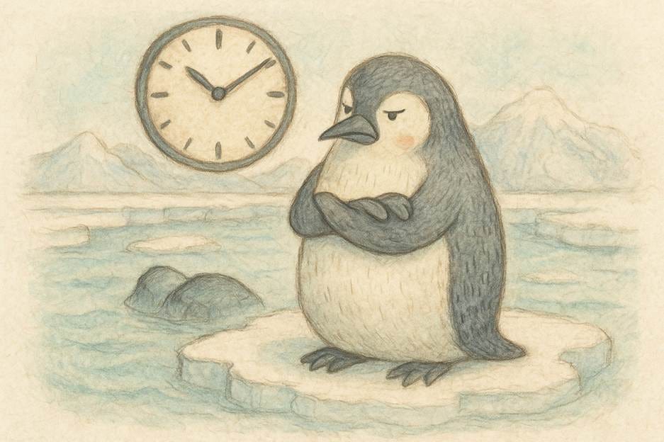 A penguin standing on an ice floe with a clock in the background

AI-generated content may be incorrect.