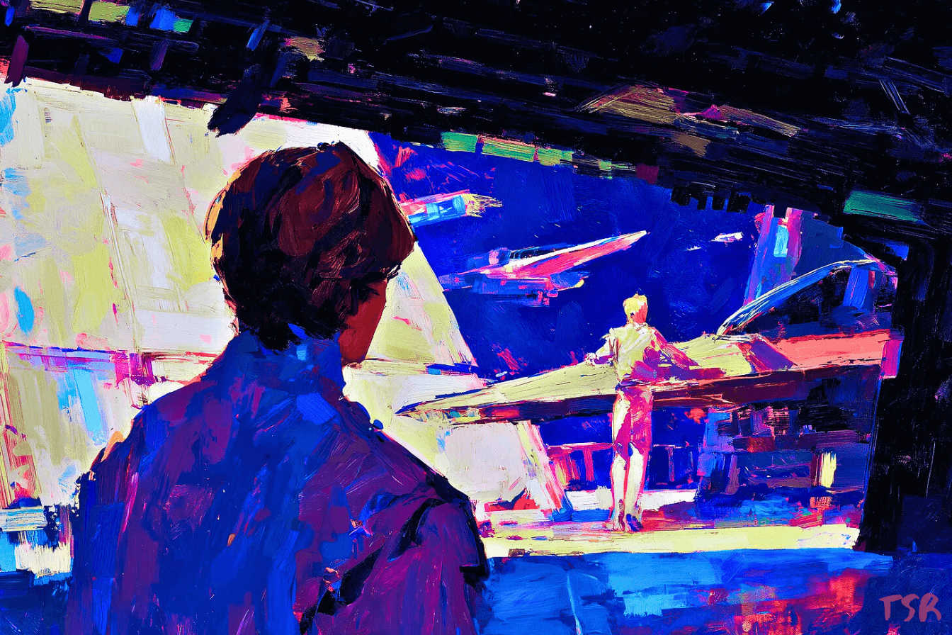 Painterly sci-fi scene: a young man watches a distant blonde man with his hands on a spacecraft, framed by open hangar doors and deep space. Bold colours convey longing and desire.