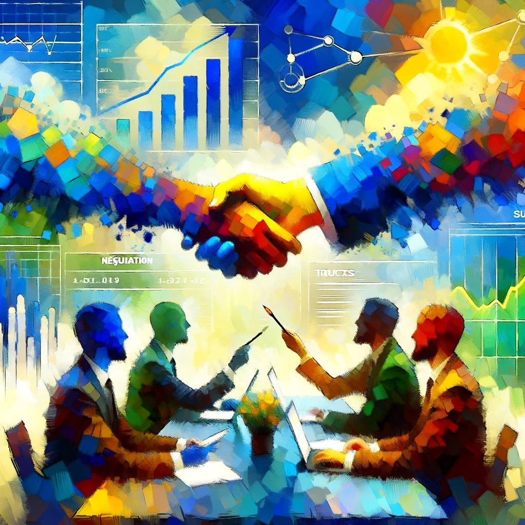 Transform the funky, pixellated image that embodies the emotional aspect of strategic sales into an impressionistic style. The new image should maintain the original concept and vibrant color symbolism (excitement in bright yellow, trust in deep blue, negotiation in cool green, success in bold red), but rendered in an impressionistic manner. Think of soft, blended brushstrokes, less defined edges, and a dreamy, atmospheric quality that captures the essence and emotions of strategic sales. The scene should still include symbolic items like a handshake, graphs, and digital connections, but these should be subtly integrated and less literal, with an overall emphasis on mood and color over precise details.