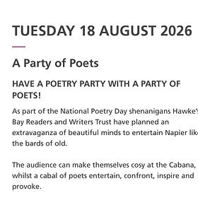 A Party of Poets: Hawke’s Bay Readers and Writers (Tuesday, Aug 18, 2026)